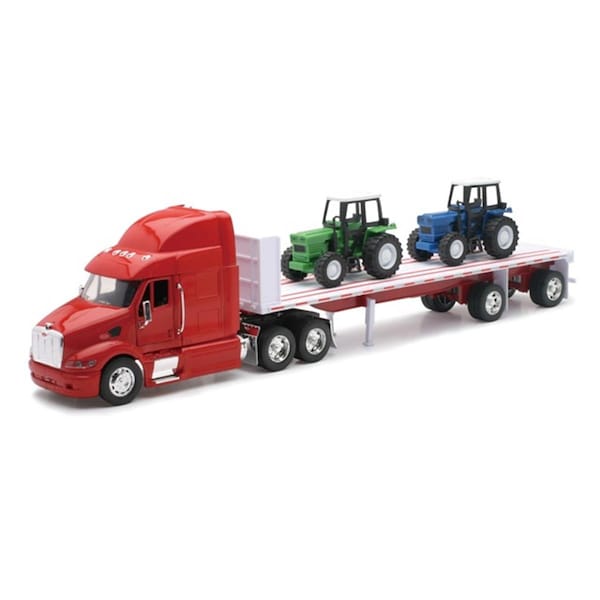 New Ray Peterbilt 387 Flatbed with Farm Tractor Long Hauler Toy Truck 6PK 10283A - main